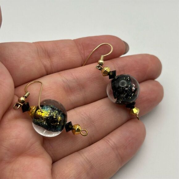 Black & Gold Tone Swirl Glass Marble Beaded Dangle Earrings Hook Handmade - Picture 4 of 8
